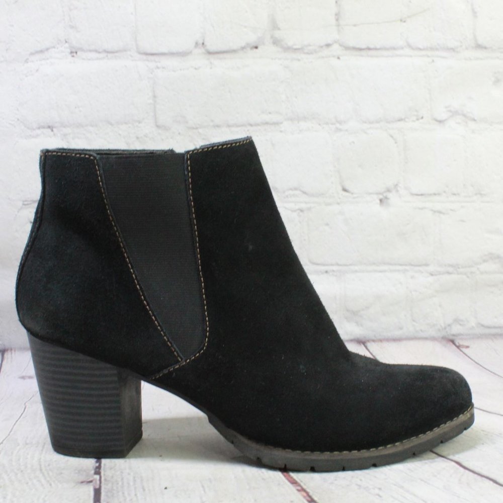 Clarks Pause Camelia Black Suede Side Zip Heeled Ankle Boots Size 11 M - Picture 1 of 9